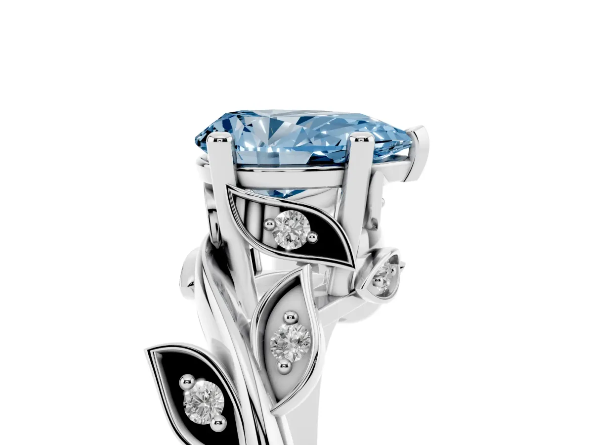Fancy Blue Pear Cut Solitaire Twist Engagement Ring with Leaf Accents and Prong Setting Silver