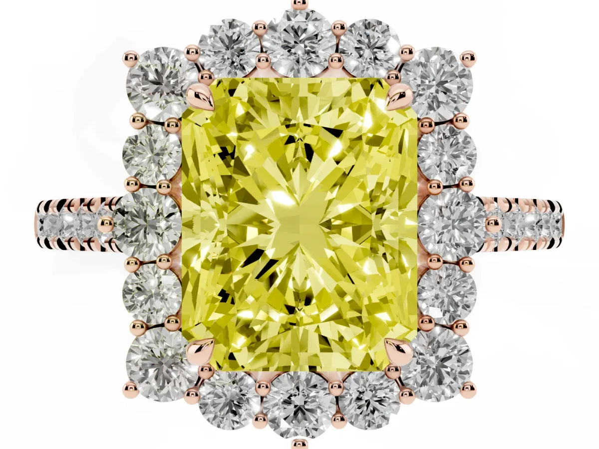 Fancy Yellow Radiant Cut Halo Diamond Ring with Pavé Band and Prong Setting Rose gold
