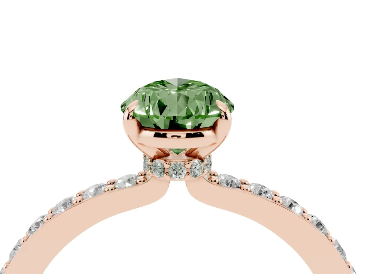 Fancy Green Pear Cut Diamond Pavé Engagement Ring with Round Accents and Prong Setting Rose gold
