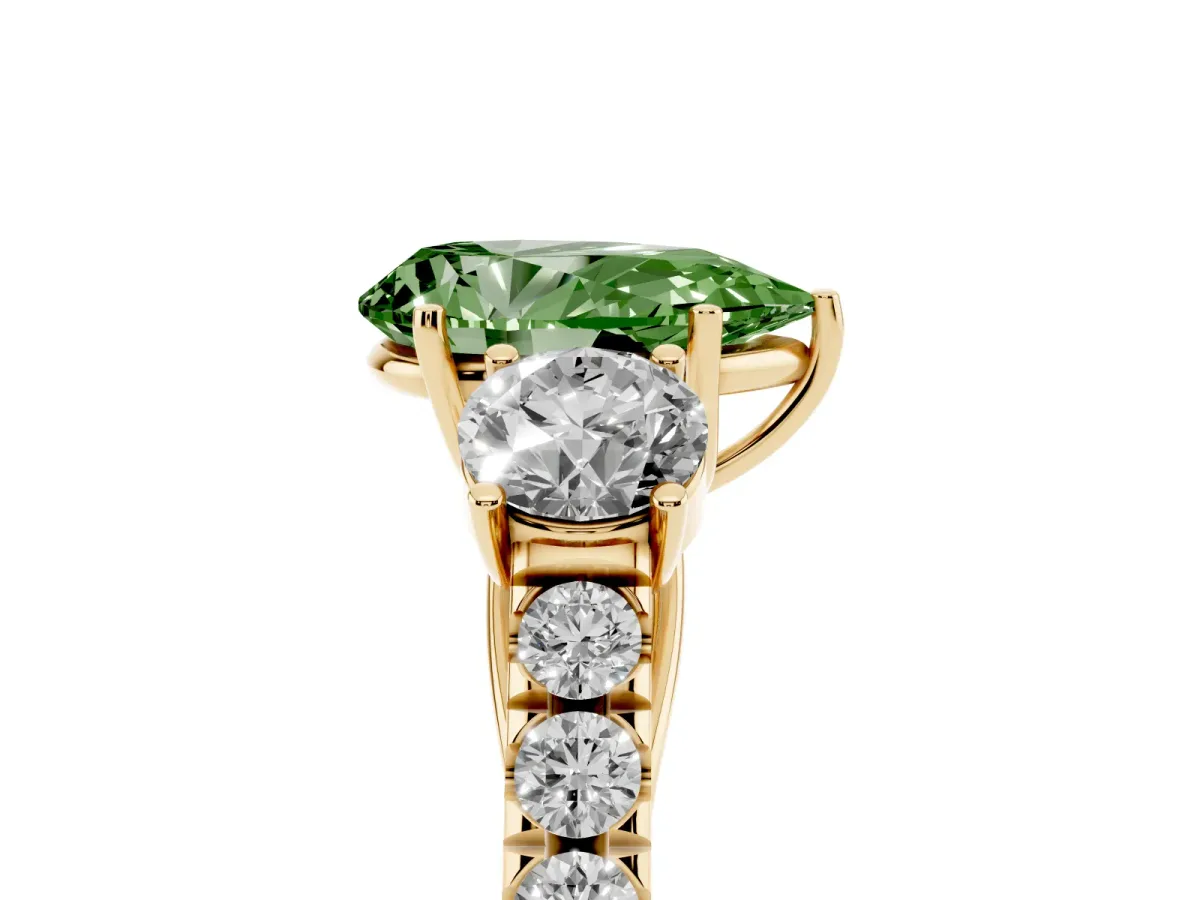 Fancy Green Pear Cut Cut Diamond Three-Stone Ring with Round Side Stones and Pavé Band Yellow gold