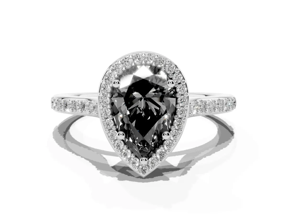 Fancy Black Pear Cut Diamond Halo Engagement Ring with Round Pavé Shoulders and Prong Setting Platinum