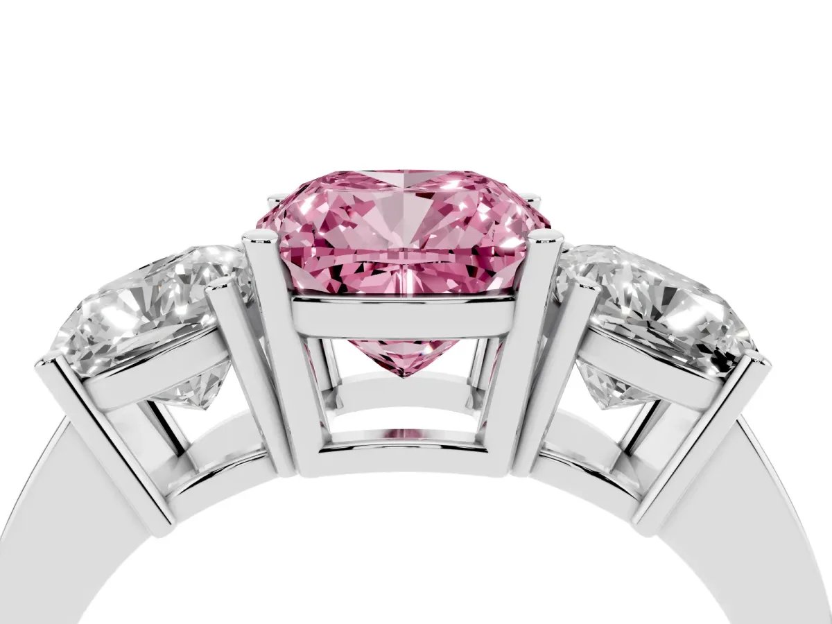 Fancy Pink Three-Stone Cushion Cut Cut Diamond Engagement Ring with Flat Band and Four-Prong Setting Silver
