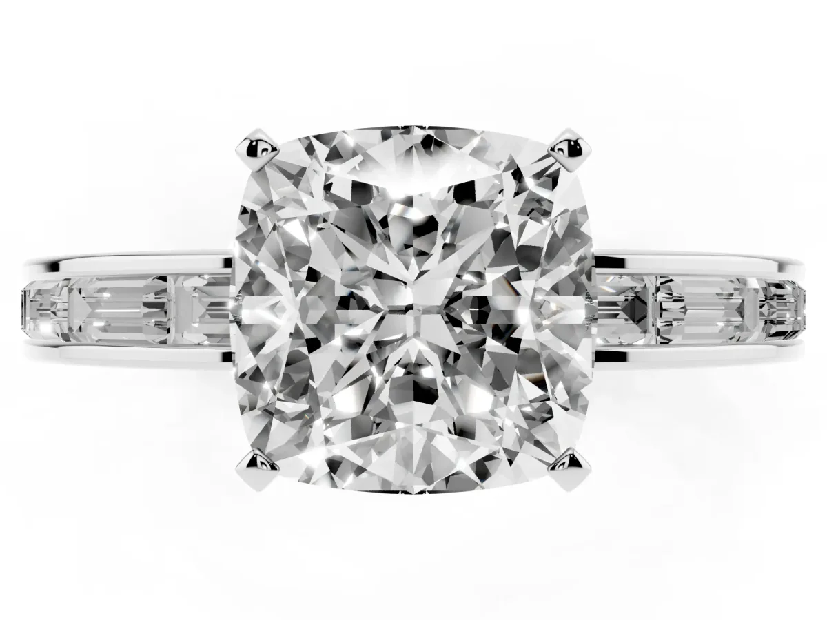 Cushion Cut Solitaire Diamond Ring with Channel-Set Baguette Band and Four-Prong Setting Platinum