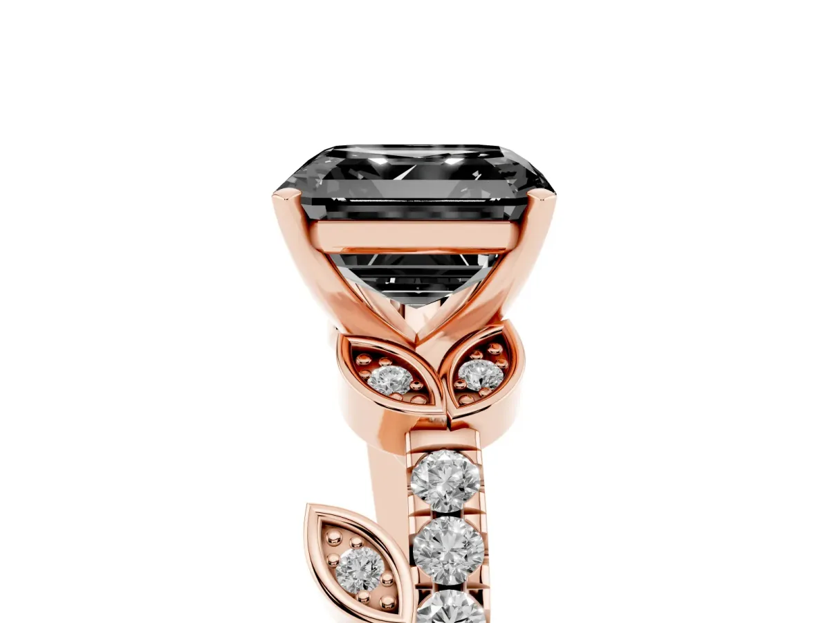 Fancy Black Asscher Cut Solitaire Leaf-Inspired Diamond Ring with Pavé Band and Four-Prong Setting Rose gold