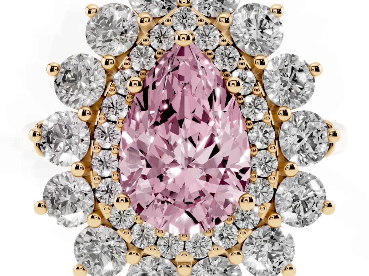 Fancy Pink Pear Cut Diamond Floral Double Halo Engagement Ring with Prong Setting Yellow gold
