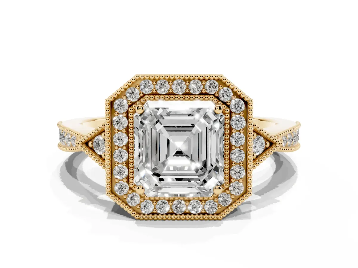 Asscher Cut Halo Round Diamond Milgrain Pave Engagement Ring Yellow gold