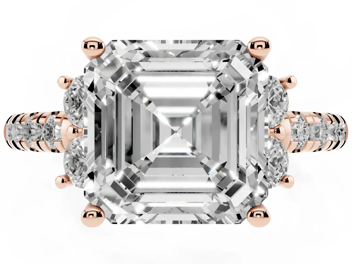 Asscher Cut Diamond Three-Stone Pave Band with Four-Prong Setting Rose gold