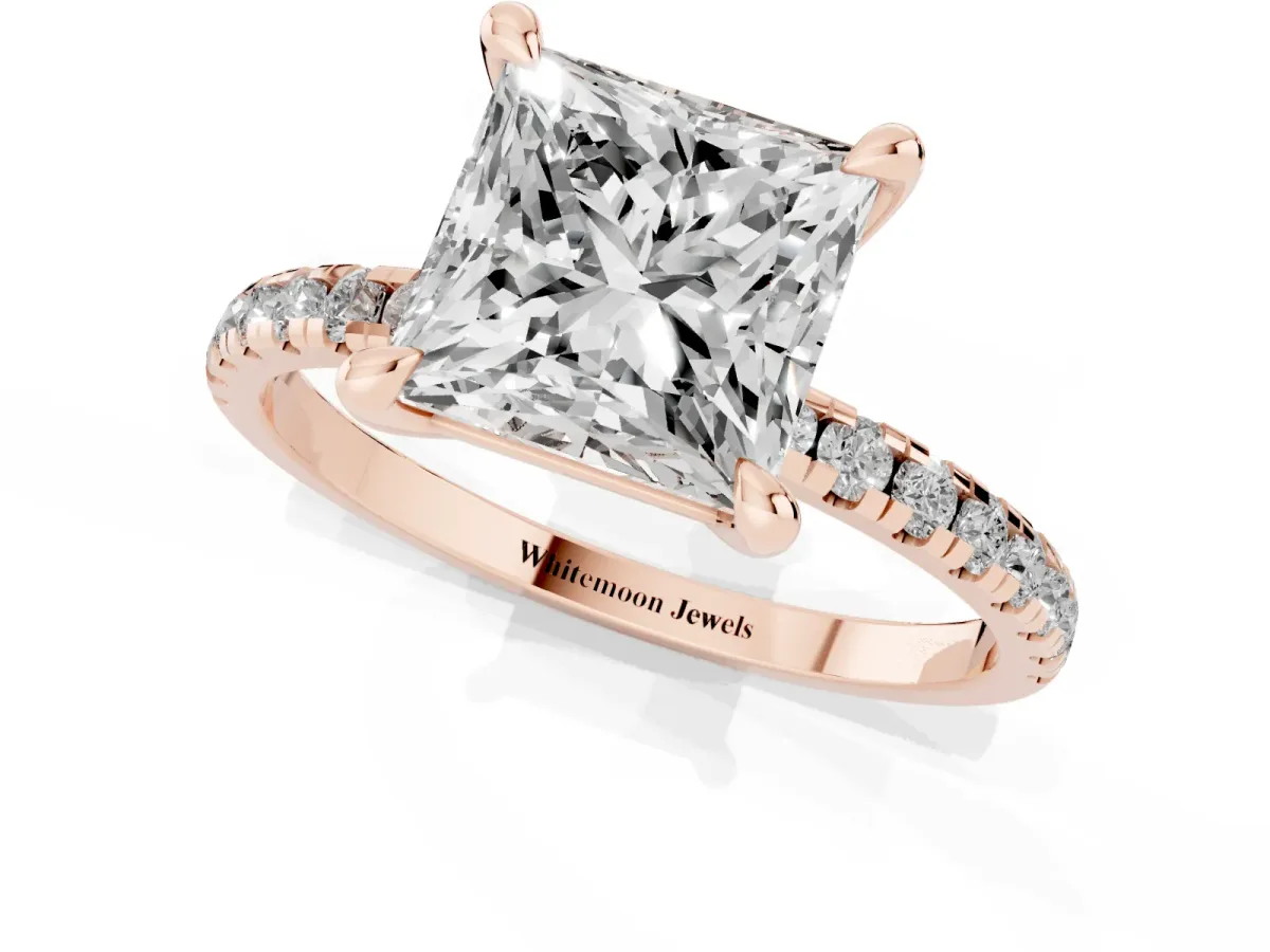 Princess Cut Diamond Brilliant Solitaire Ring with Pavé Band and Four-Prong Setting Rose gold