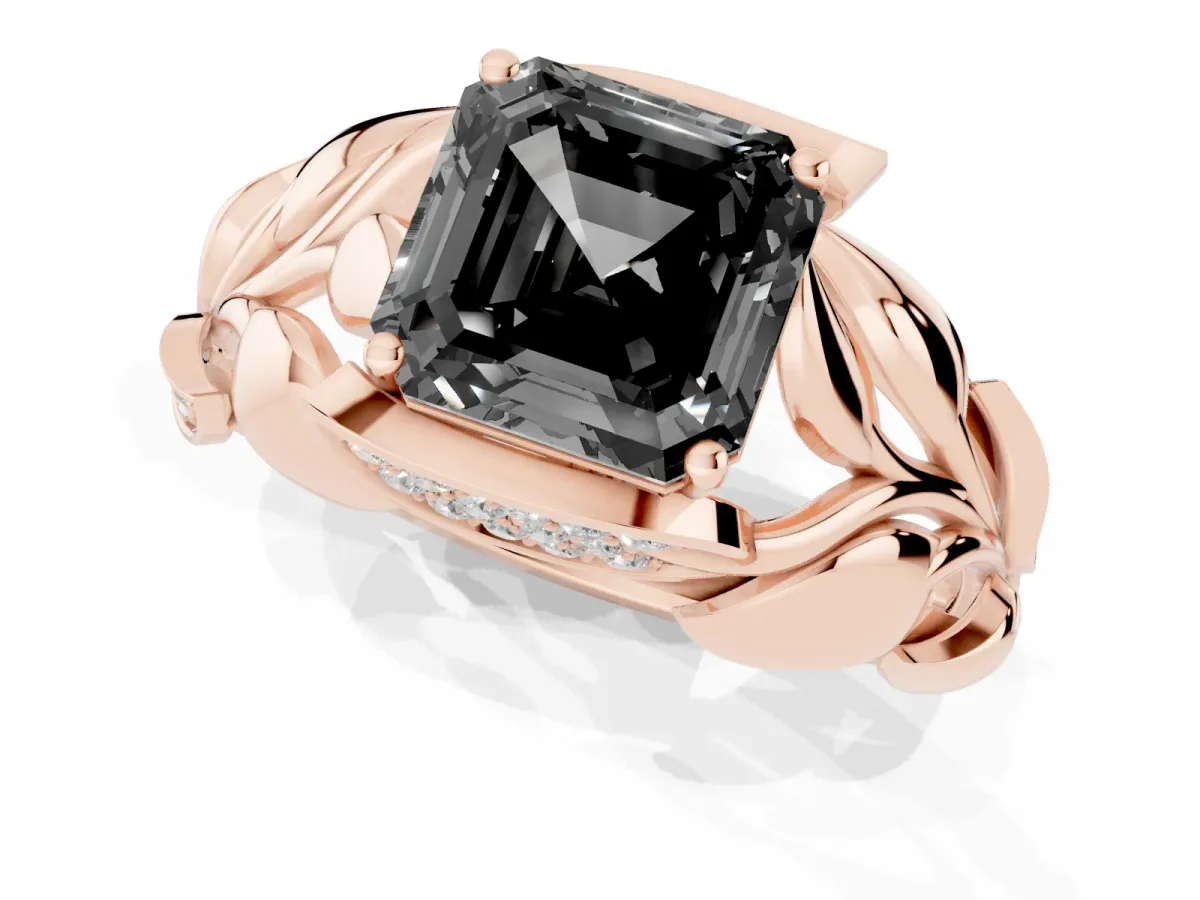 Fancy Black Asscher Cut Diamond Leaf-Inspired Engagement Ring with Round Accents and Prong Setting Rose gold