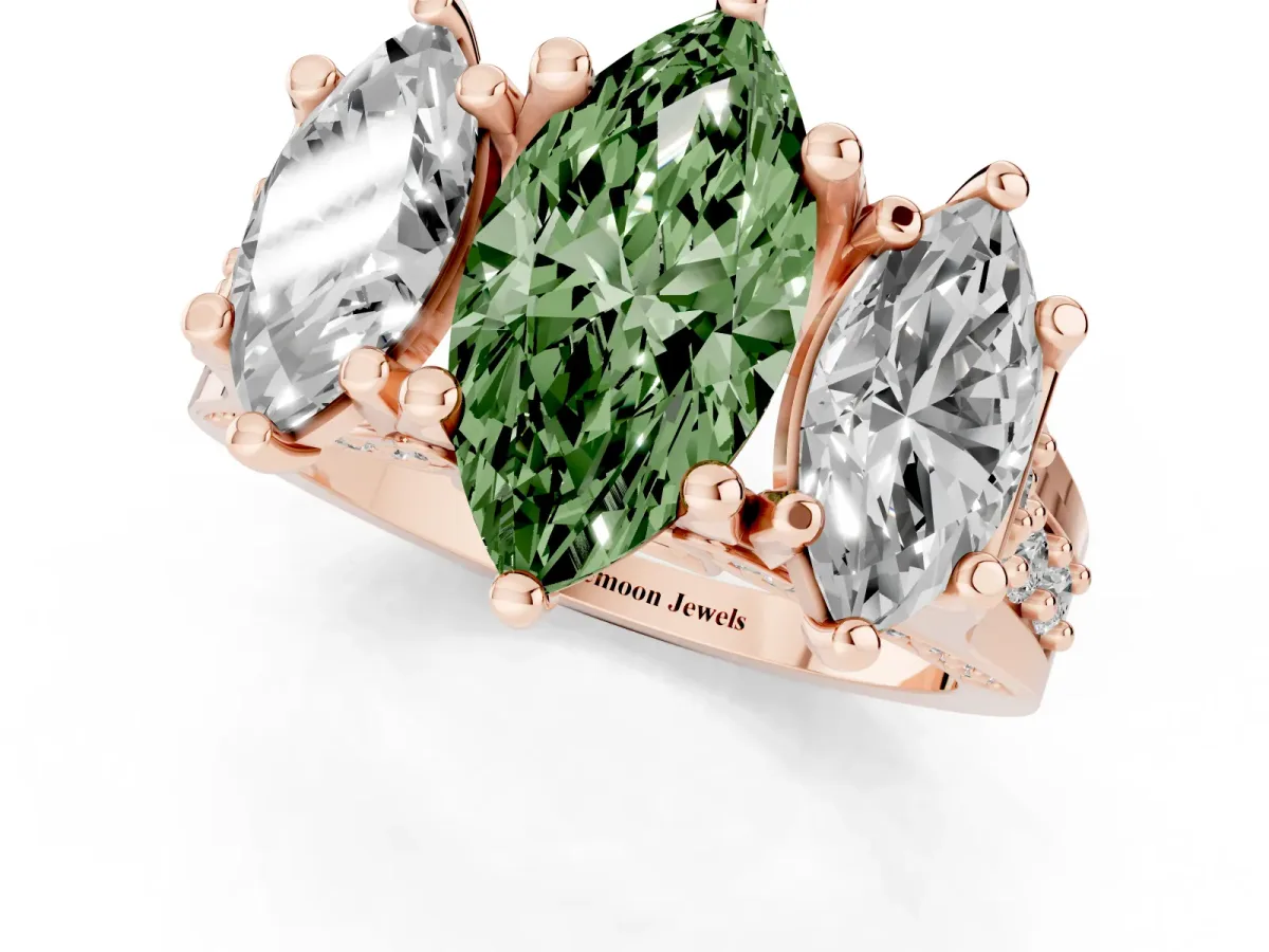 Fancy Green Marquise Cut Diamond Three-Stone Ring with Channel Set Band and Four-Prong Setting Rose gold