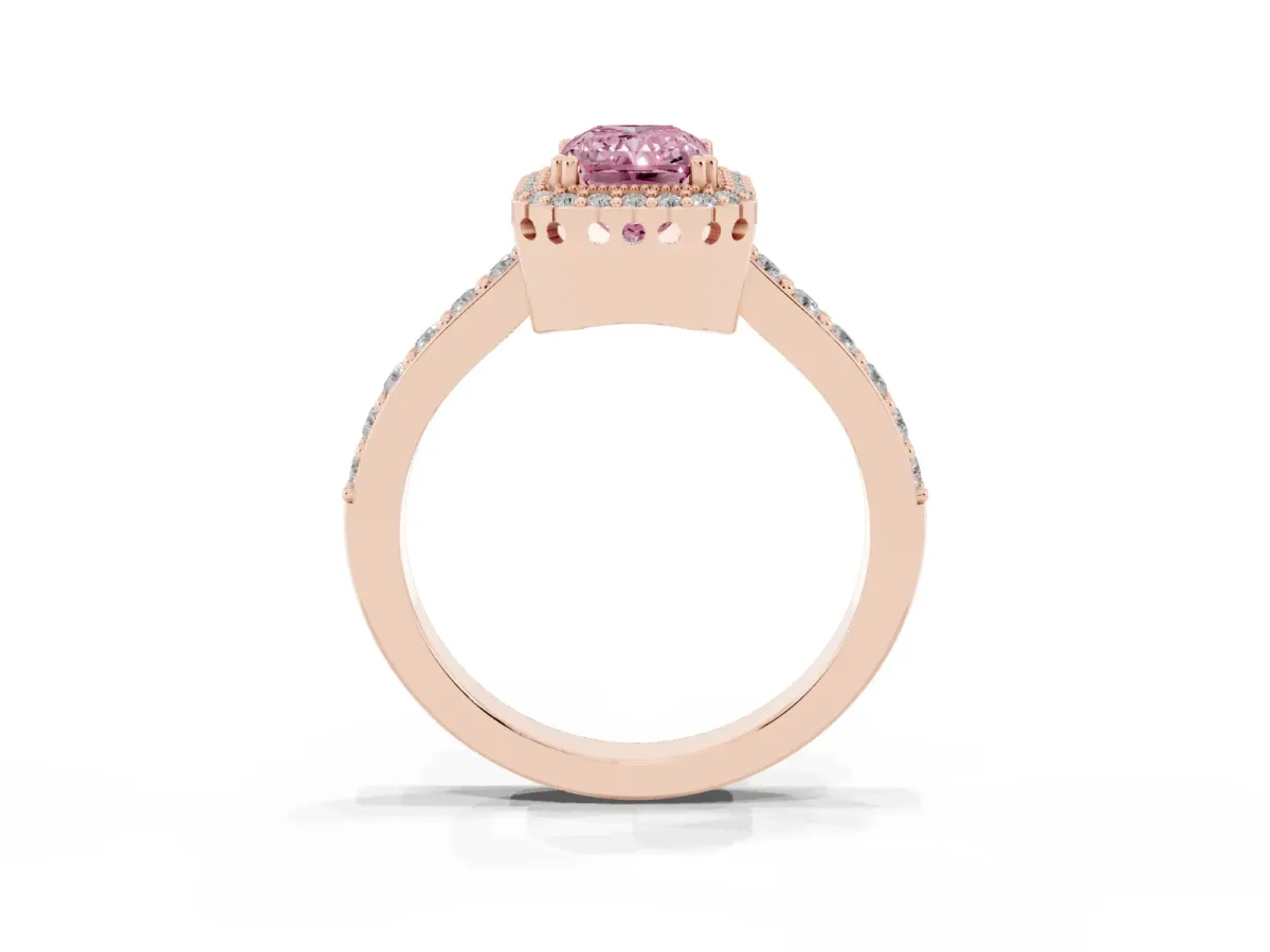 Fancy Pink Radiant Cut Cut Diamond Halo Engagement Ring with Milgrain Detail and Pavé Band Rose gold
