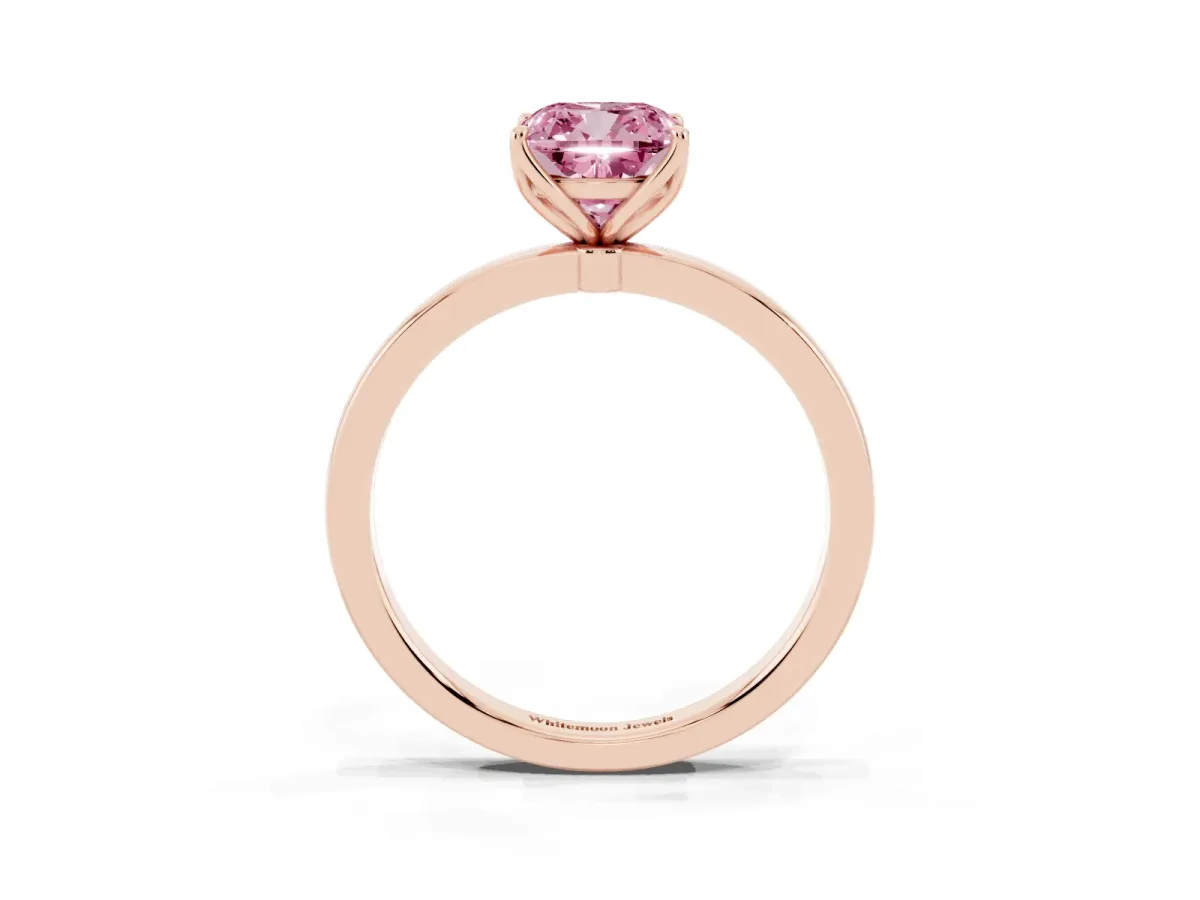 Fancy Pink Cushion Cut Diamond Solitaire Ring with Thin Band and Prong Setting Rose gold