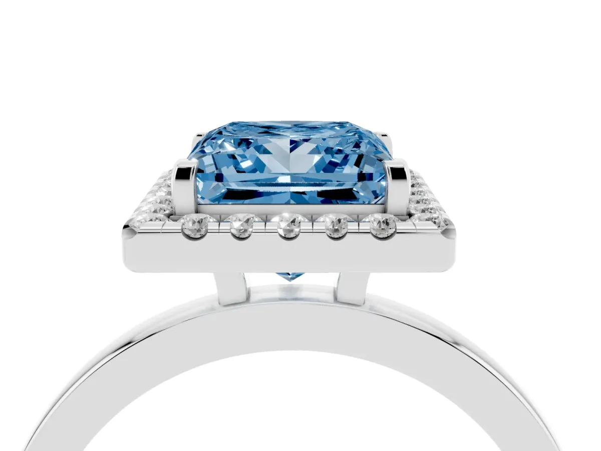 Fancy Blue Princess Cut Halo Diamond Solitaire with Pavé Band and Four-Prong Setting White gold