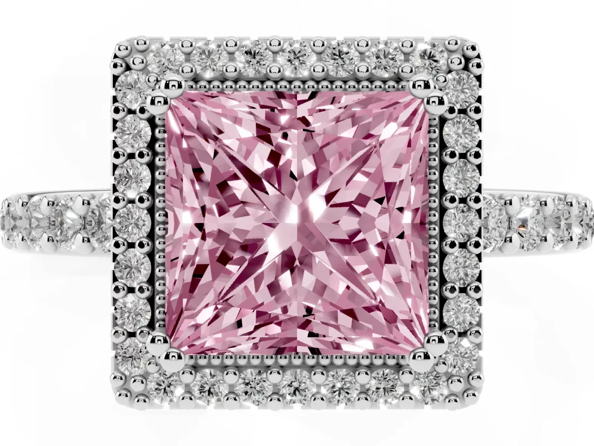 Fancy Pink Princess Cut Cut Diamond Halo Engagement Ring with Milgrain Detail and Pavé Band Silver