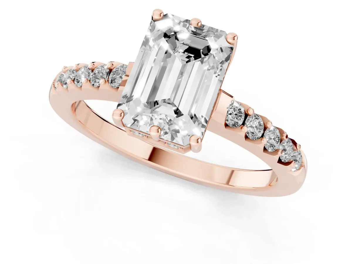 Emerald Cut Solitaire Diamond Engagement Ring with Pavé Band and Six-Prong Setting Rose gold