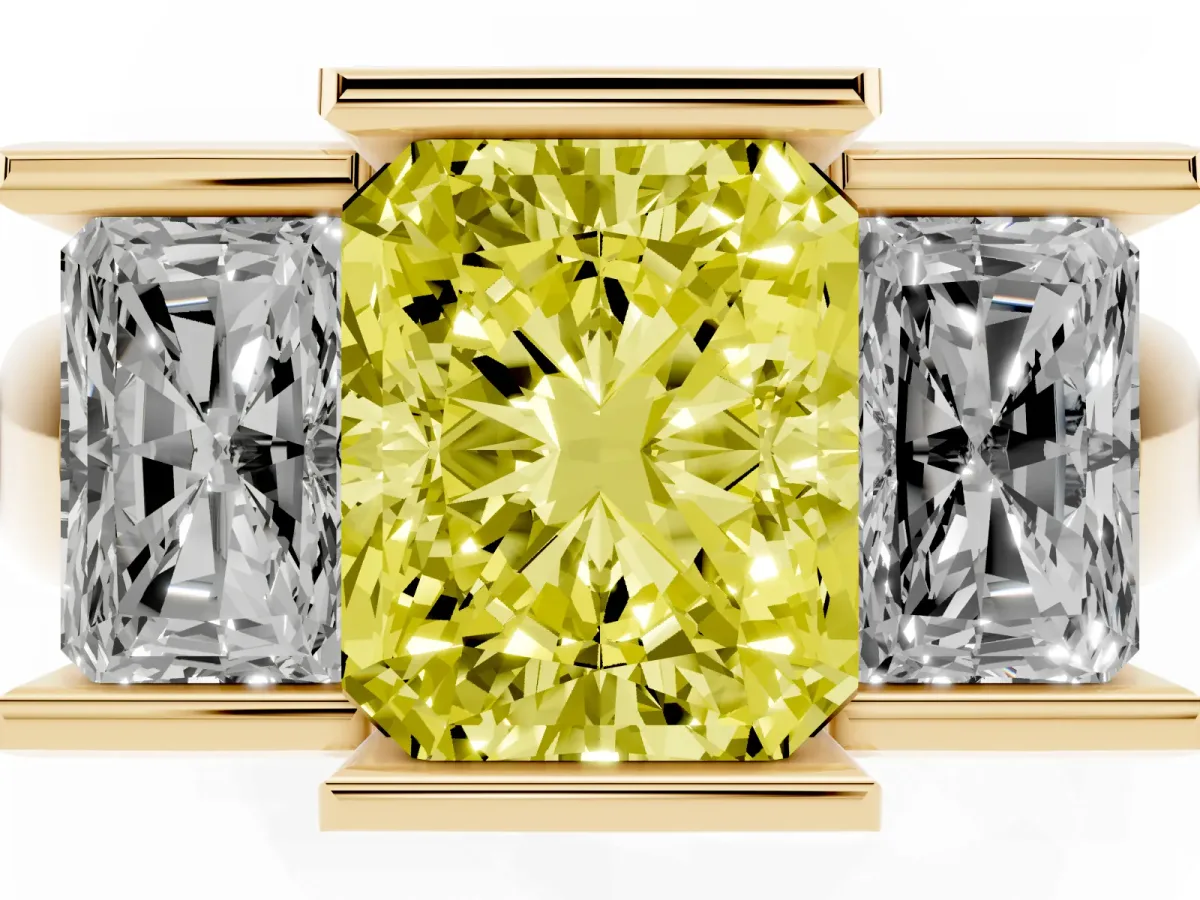 Fancy Yellow Three Stone Radiant Cut Cut Channel Set Diamond Ring Yellow gold