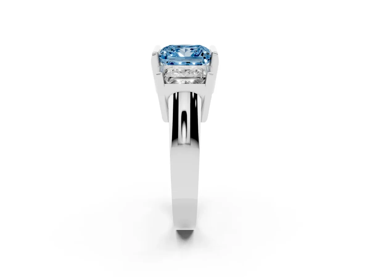 Fancy Blue Three Stone Princess Cut Cut Channel Set Diamond Ring Silver