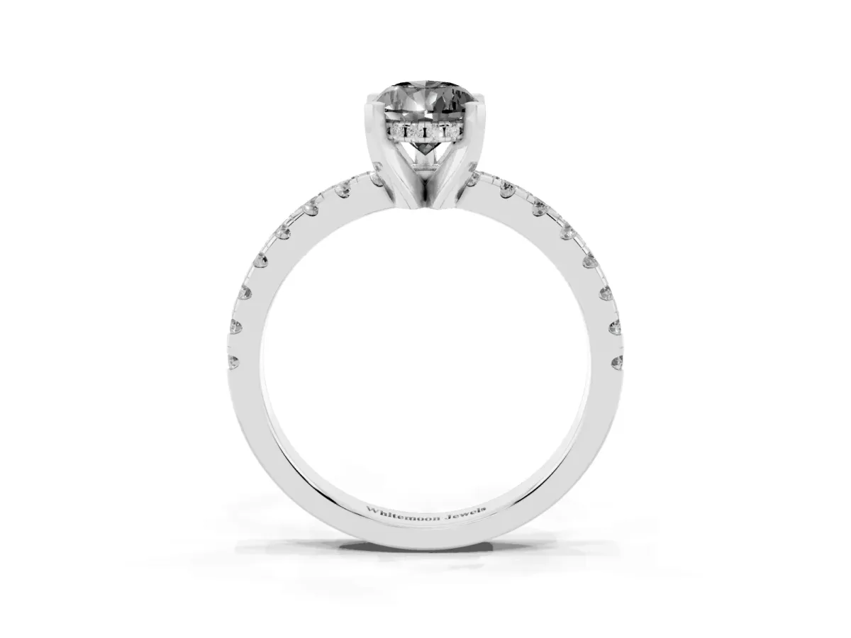 Fancy Black Pear Cut Diamond Solitaire Ring with Round Pavé Band and Four-Prong Setting Silver