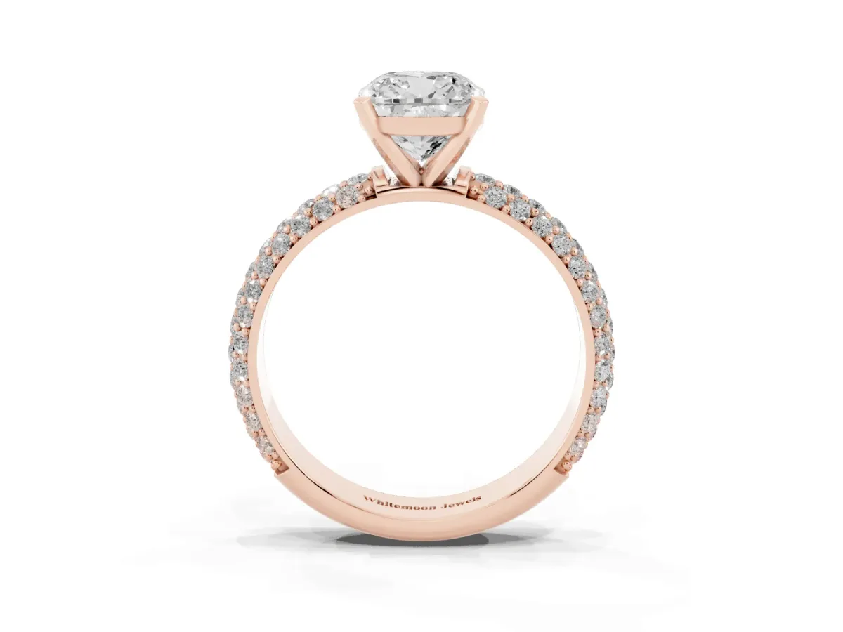 Cushion Cut Diamond Solitaire Ring with Prong Setting and Pavé Band Rose gold