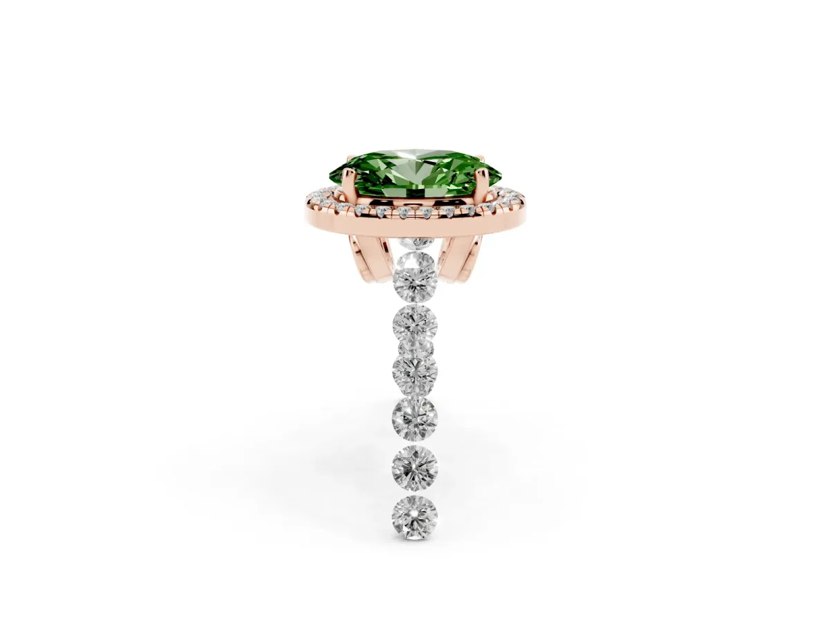 Fancy Green Oval Cut Halo Pavé Diamond Engagement Ring with Four-Prong Setting Rose gold