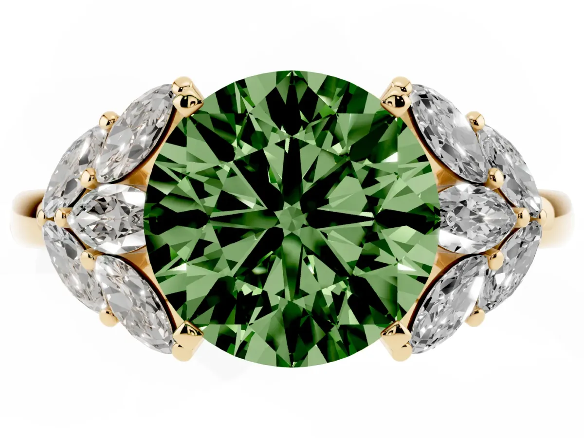 Fancy Green Round Cut Diamond Cluster Leaf Design Ring with Prong Setting Yellow gold