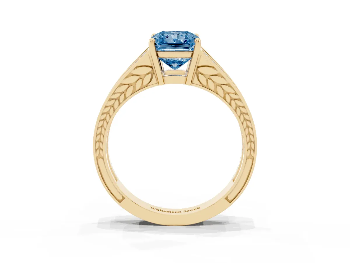Fancy Blue Radiant Cut Diamond Split Shank Ring with Pavé Band and Four-Prong Setting Yellow gold