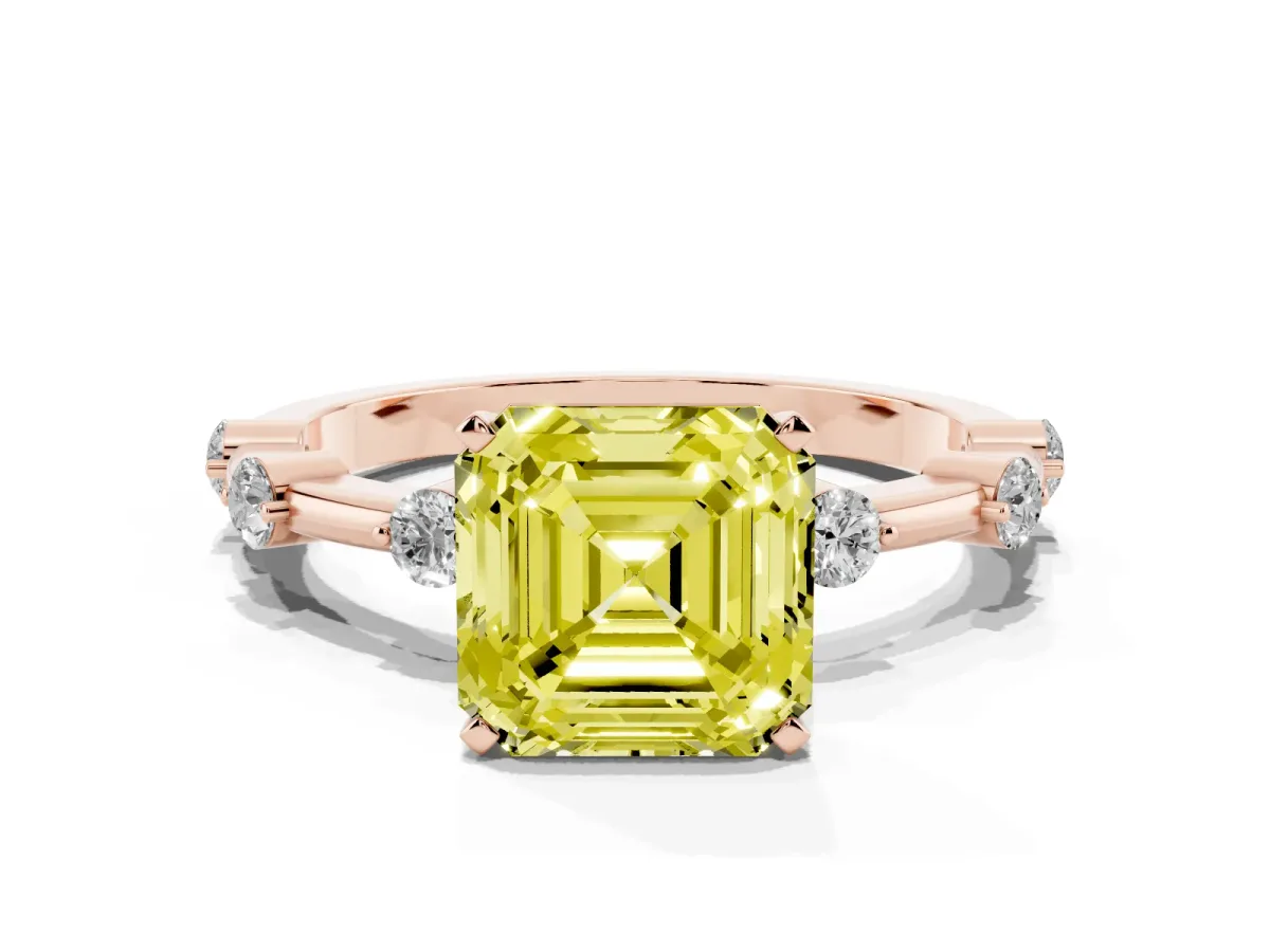 Fancy Yellow Asscher Cut Solitaire Diamond Ring with Bezel Set Side Stones and Prong Setting Rose gold