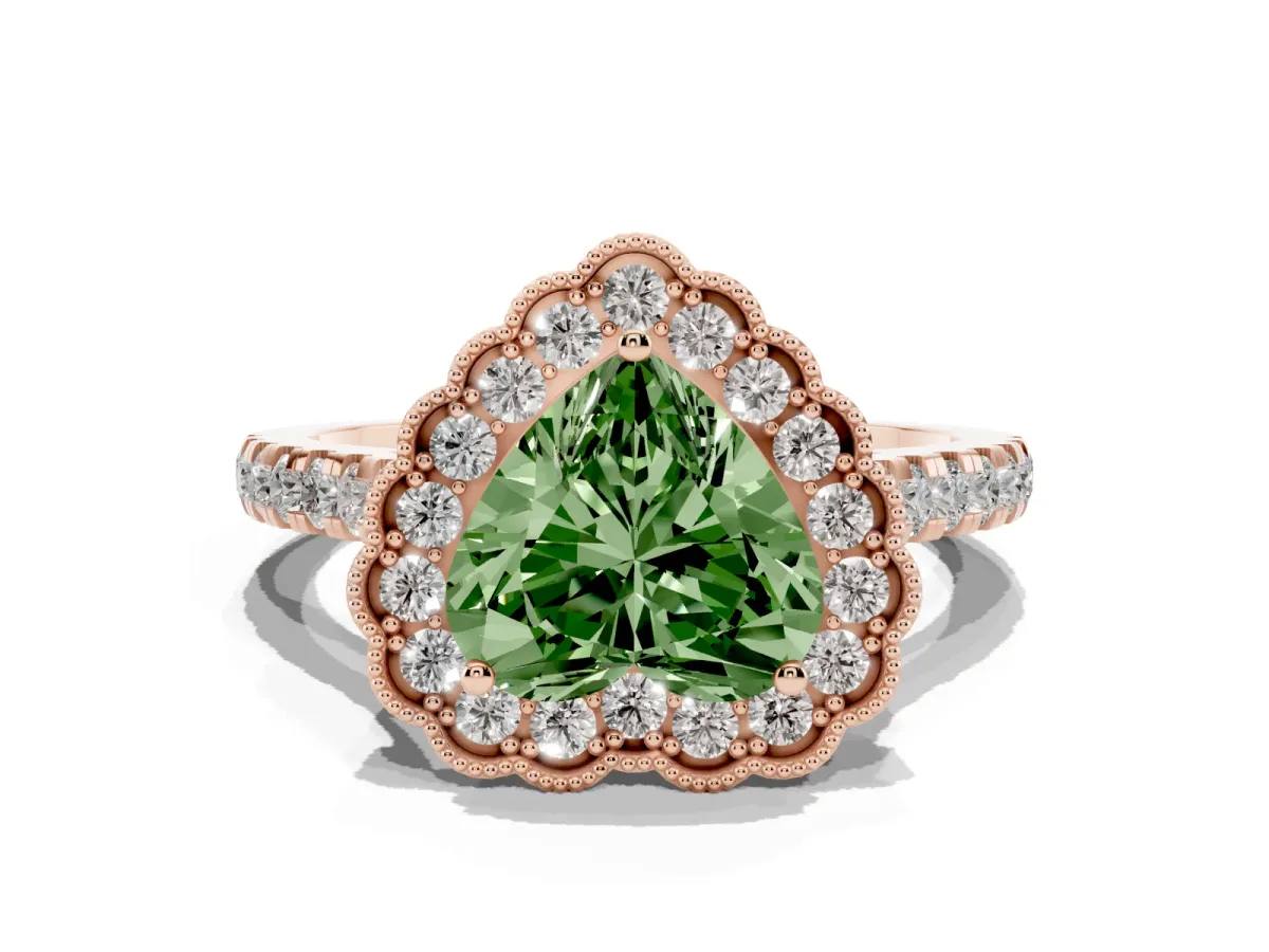 Fancy Green Heart Cut Cut Diamond Milgrain Floral Halo Engagement Ring with Pavé Band Rose gold
