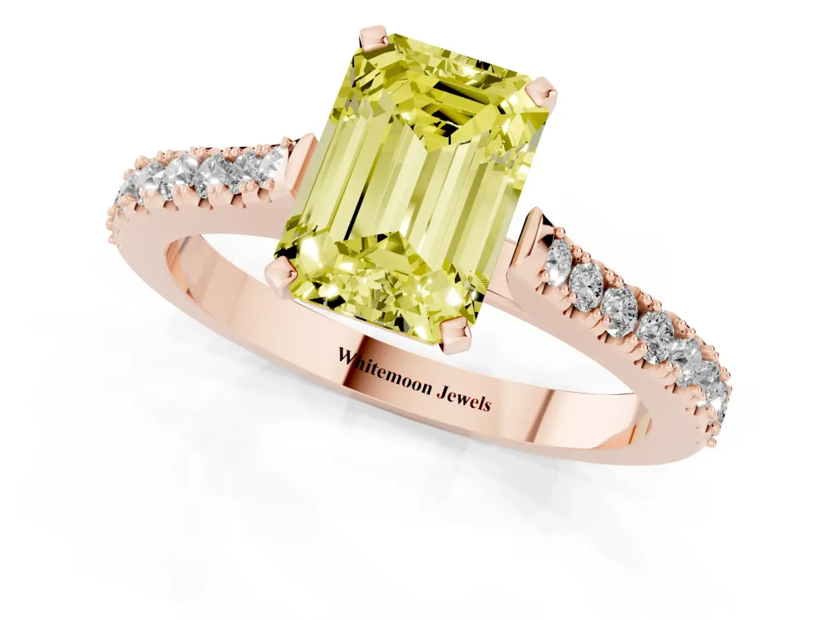 Fancy Yellow Emerald Cut Cut Solitaire Diamond Engagement Ring with Pave Band and Four-Prong Setting Rose gold