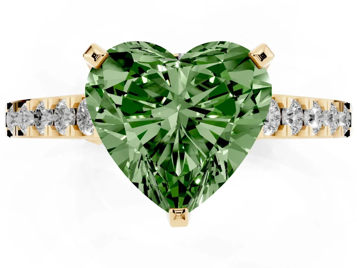 Fancy Green Heart Cut Diamond Solitaire Ring with Crossover Gallery and Round Pavé Band Yellow gold