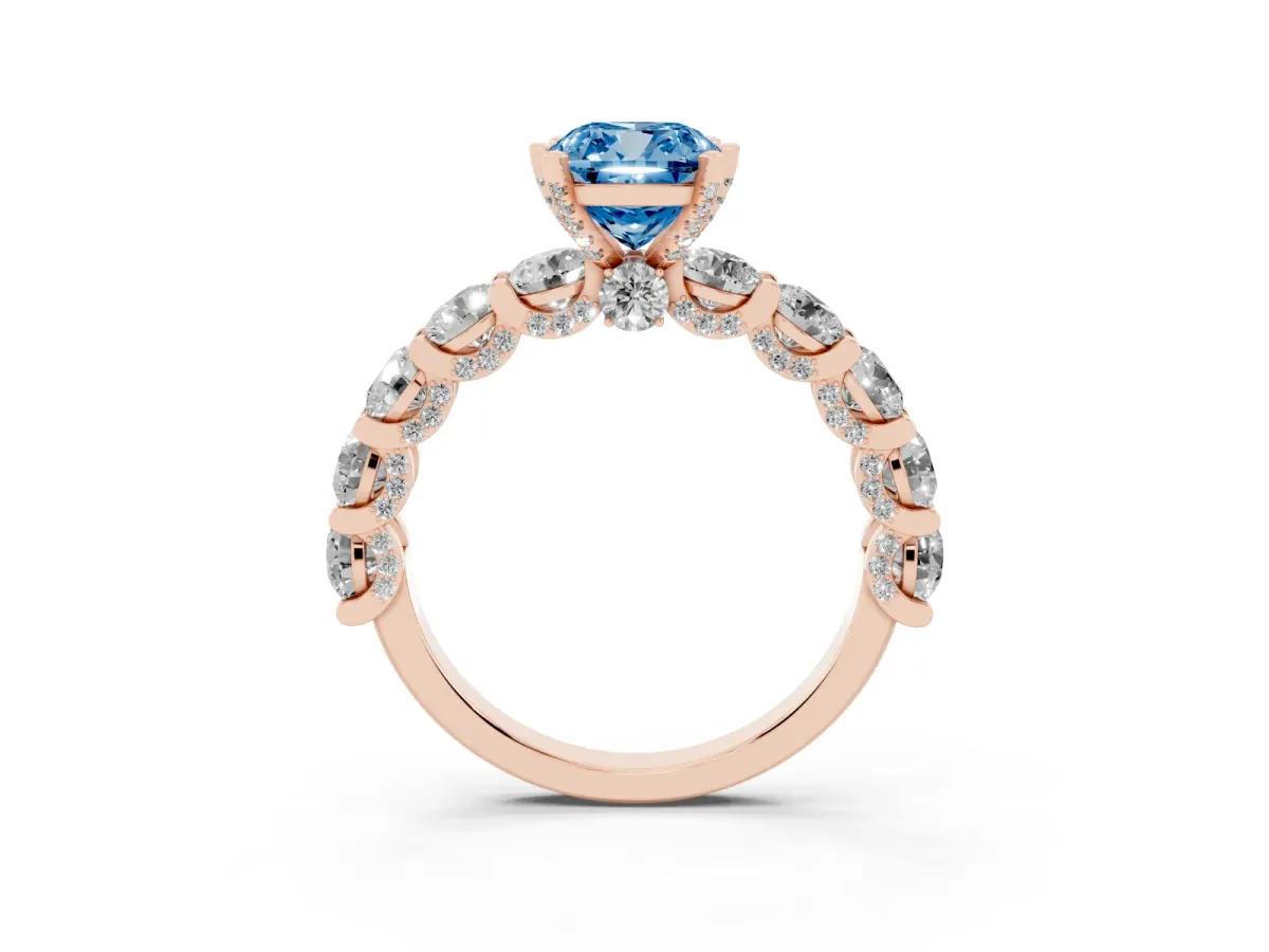 Fancy Blue Cushion Cut Diamond Side Stone Engagement Ring with Four-Prong Setting Rose gold