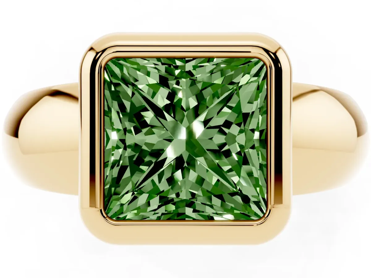 Fancy Green Bezel Set Princess Cut Solitaire Ring with Wide Band Yellow gold