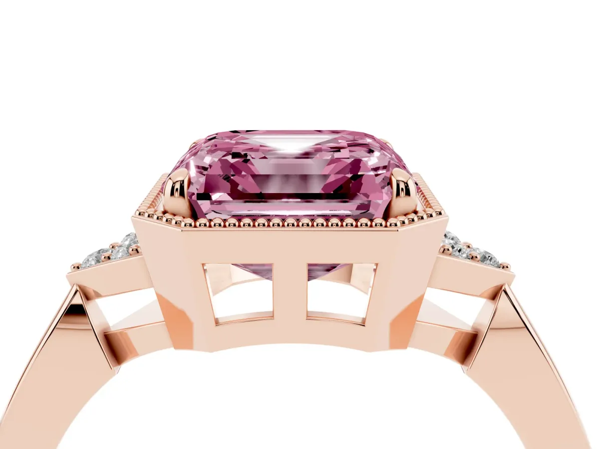 Fancy Pink Hexagonal Halo Asscher Cut Diamond Solitaire with Pavé Band and Four-Prong Setting Rose gold