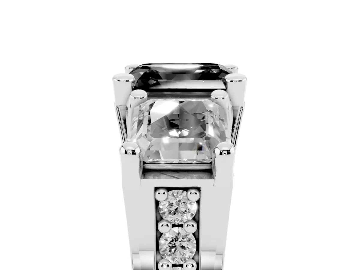 Fancy Black Asscher Cut Diamond Three-Stone Ring with Channel Set Band and Four-Prong Setting Silver