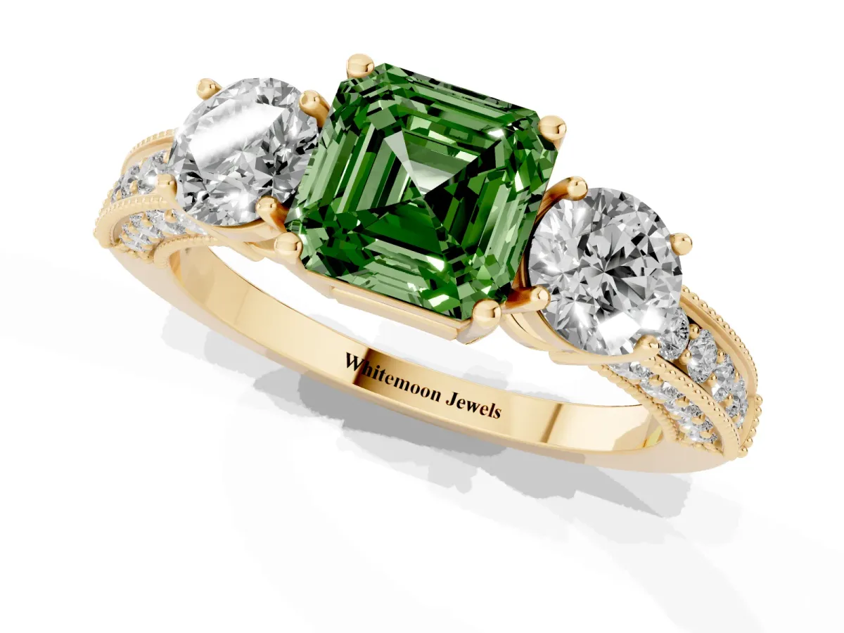 Fancy Green Asscher Cut Three-Stone Diamond Ring with Pavé Band and Four-Prong Setting Yellow gold