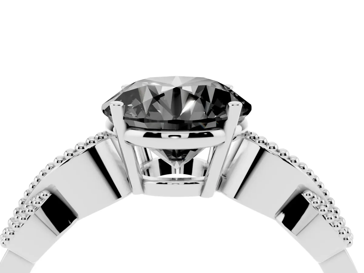 Fancy Black Round Cut Solitaire Milgrain Leaf Band with Prong Setting Silver