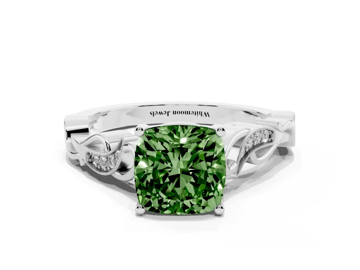 Fancy Green Cushion Cut Solitaire Vine Band with Milgrain Prong Setting Platinum