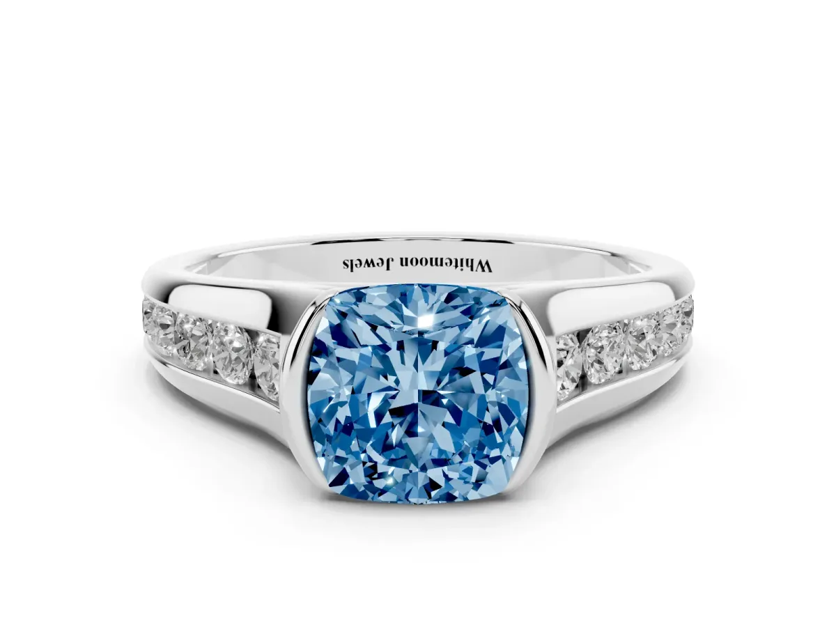 Fancy Blue Cushion Cut Solitaire Bezel-Set Diamond Ring with Channel-Set Band Silver