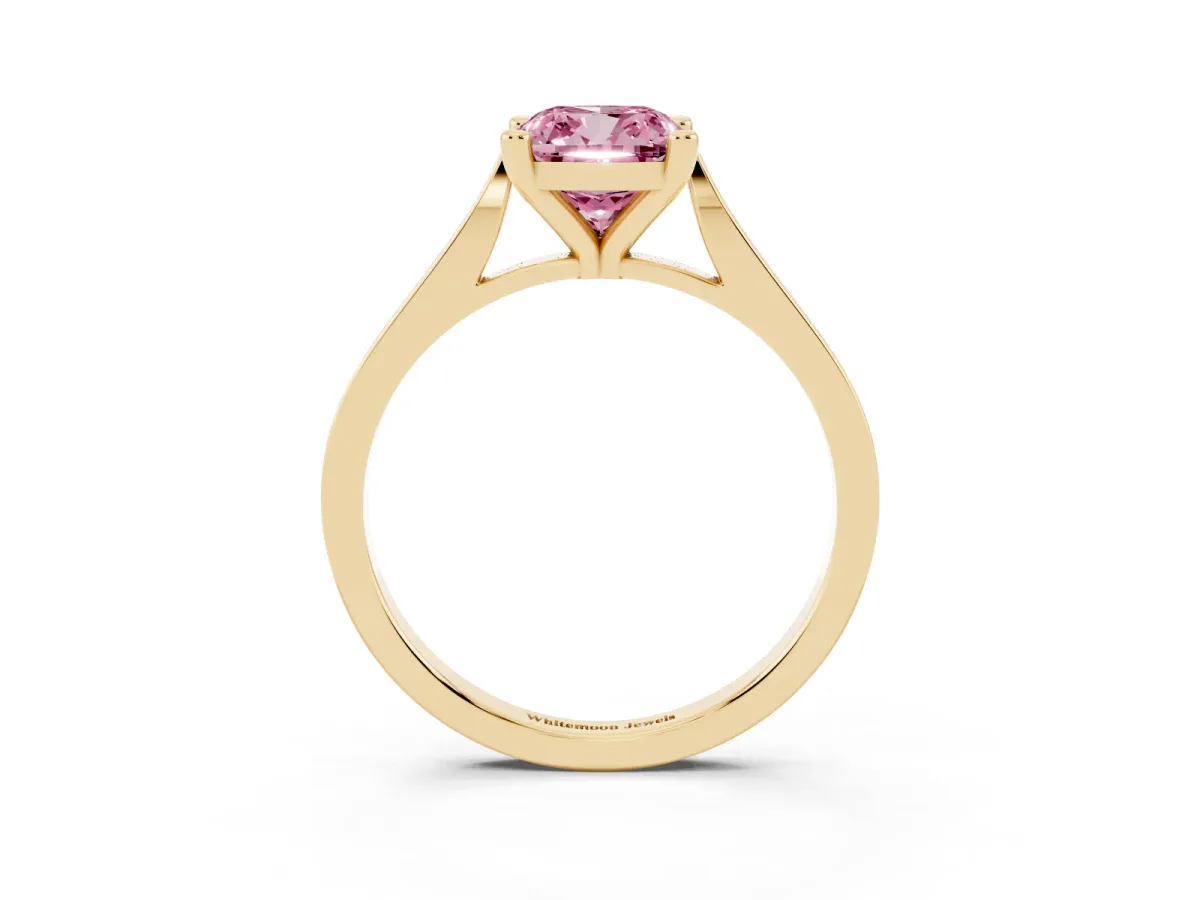 Fancy Pink Cushion Cut Solitaire Diamond Ring with Four-Prong Setting and Tapered Band Yellow gold