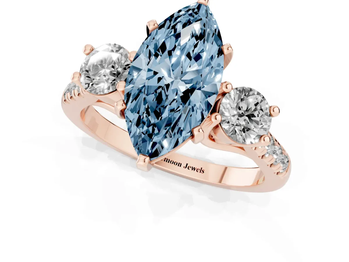Fancy Blue Three-Stone Marquise Cut Diamond Pavé Band with Four-Prong Setting Rose gold