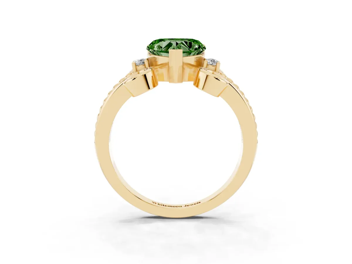 Fancy Green Heart Cut Solitaire Twisted Band Scroll Prong Ring Yellow gold