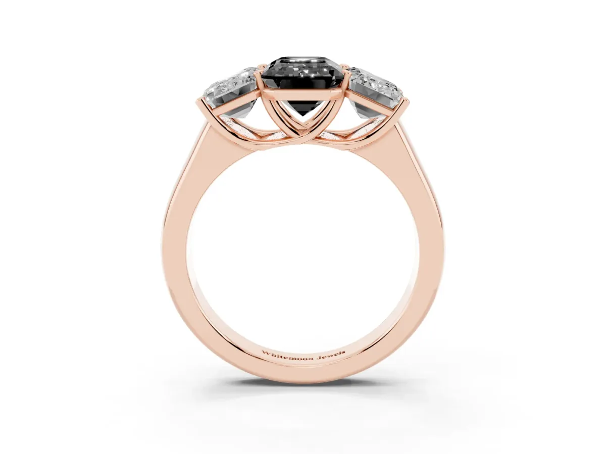 Fancy Black Emerald Cut Three-Stone Diamond Ring with Prong Setting on a Classic Band Rose gold