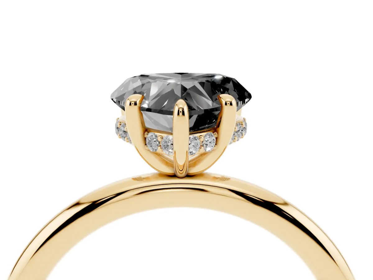Fancy Black Heart Cut Diamond Solitaire Ring with Thin Band and Four-Prong Setting Yellow gold
