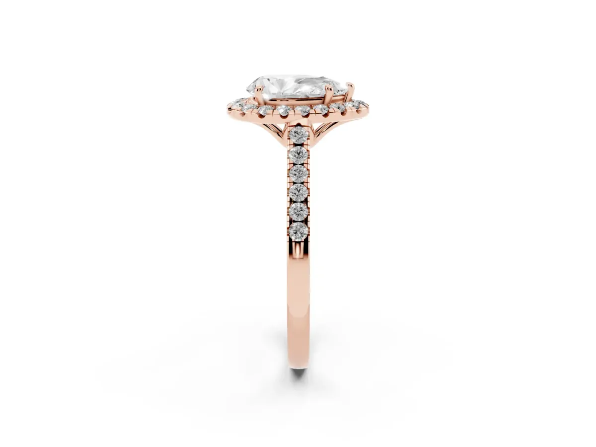 Pear Cut Halo Pavé Diamond Engagement Ring with Four-Prong Setting Rose gold