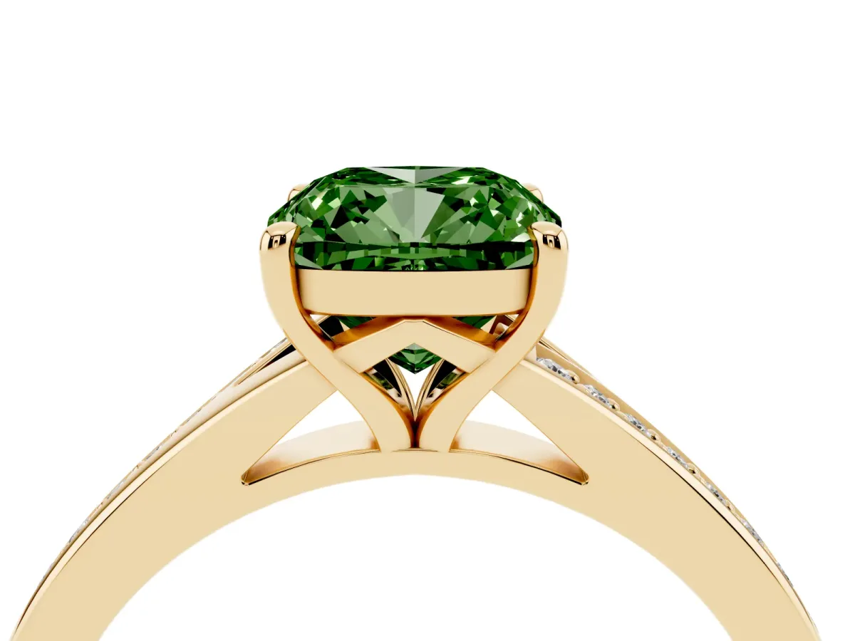 Fancy Green Cushion Cut Diamond Solitaire Ring with Pavé Band and Prong Setting Yellow gold
