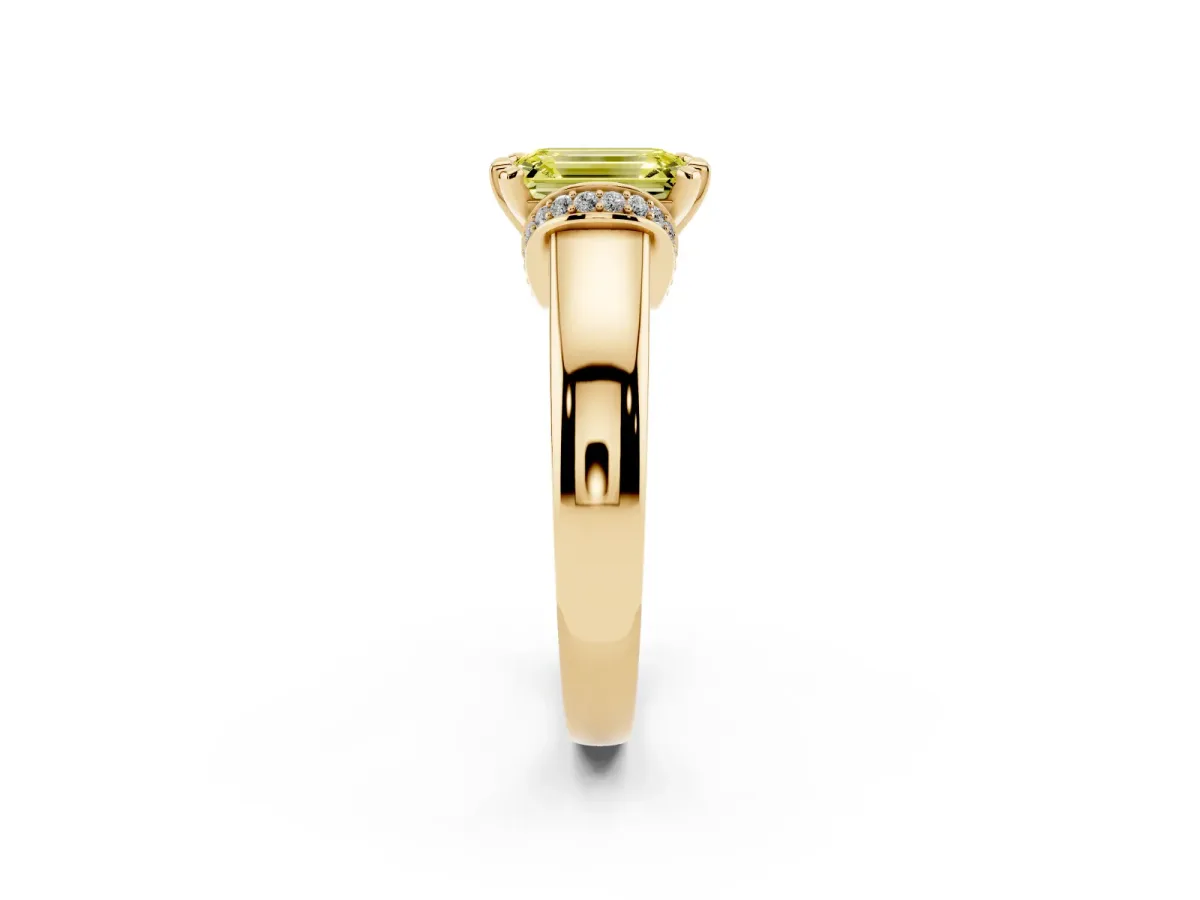Fancy Yellow Emerald Cut Solitaire Diamond Ring with Pave Band and Six-Prong Setting Yellow gold