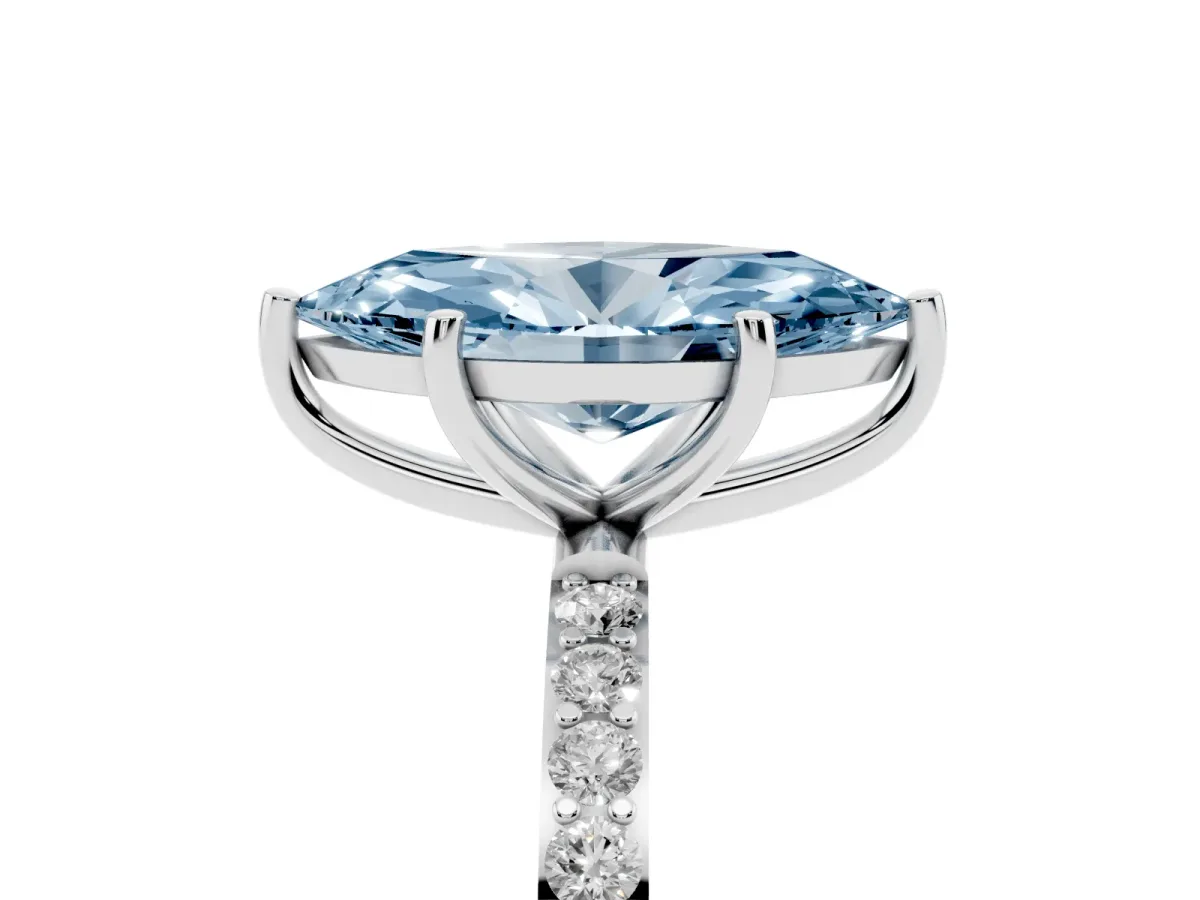 Fancy Blue Marquise Cut Diamond Solitaire Ring with Round Pavé Shoulders and Prong Setting Silver