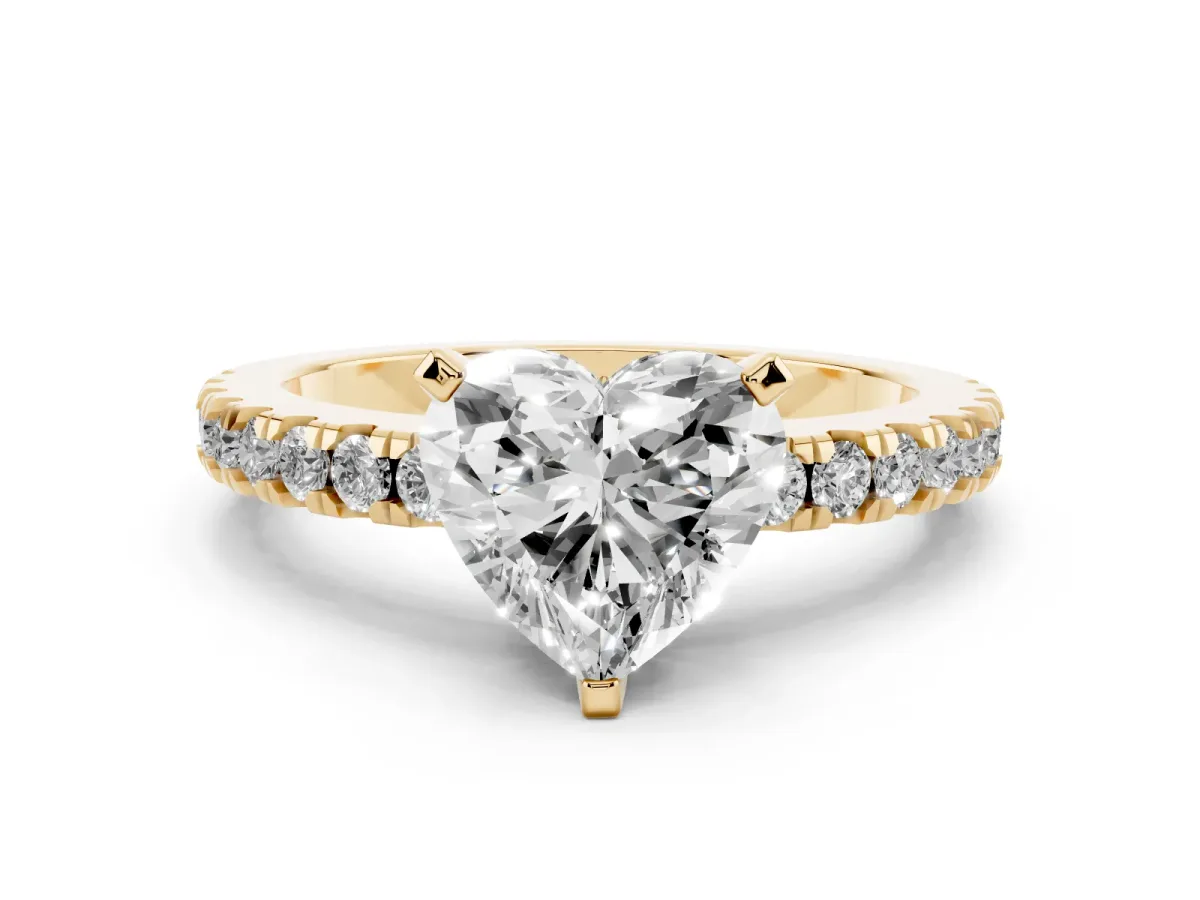 Heart Cut Solitaire Diamond with Pavé Band and Four-Prong Setting Yellow gold