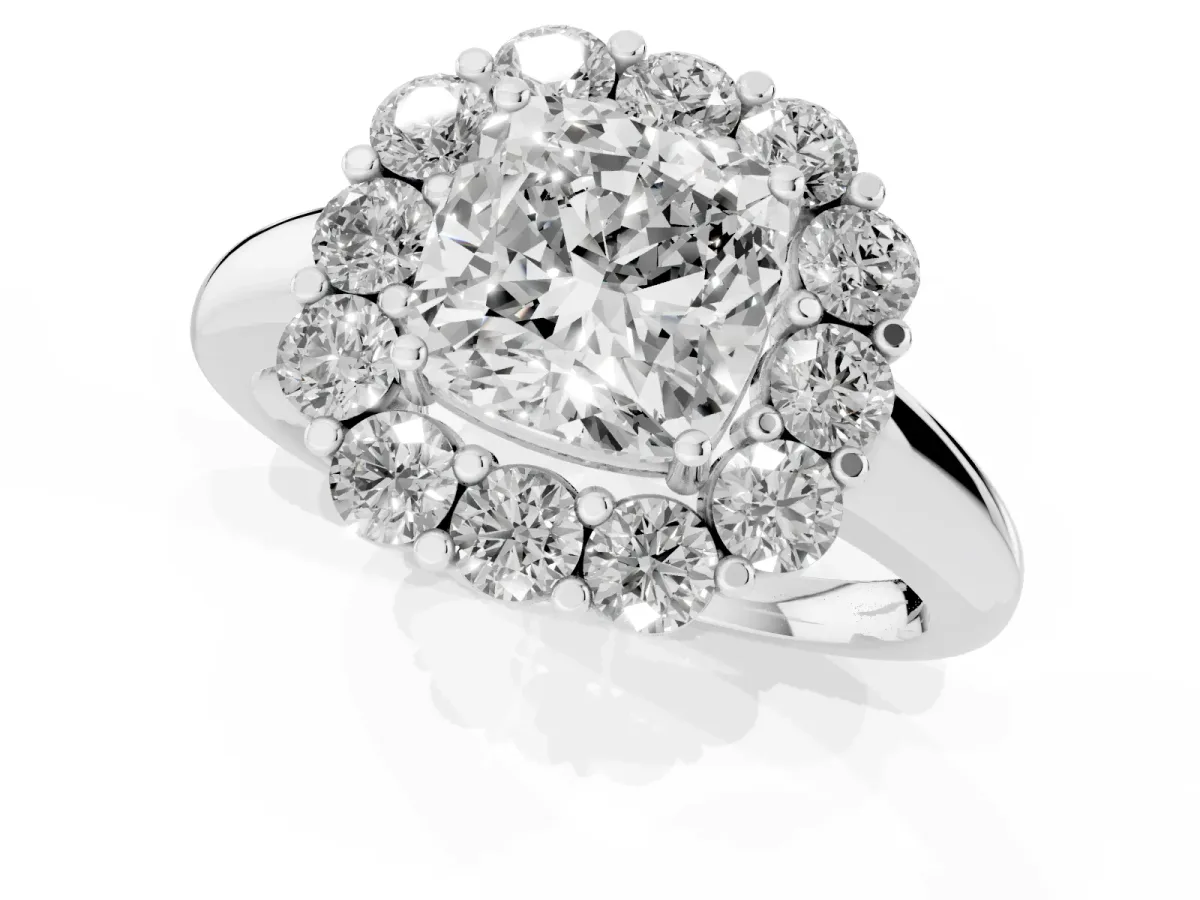 Cushion Cut Halo Cluster Diamond Engagement Ring with Prong Setting and Polished Band Platinum