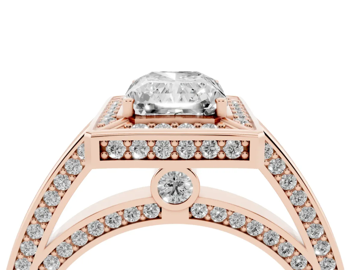 Radiant Cut Cut Halo Pave Split Shank Prong Setting Ring Rose gold